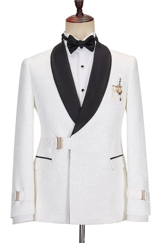 Elegant White Business Suit for Men - Jacquard Shawl Lapel Prom Outfit main image 0