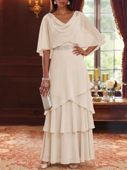 Mother of the bride chiffon gown with cape sleeves in ivory
