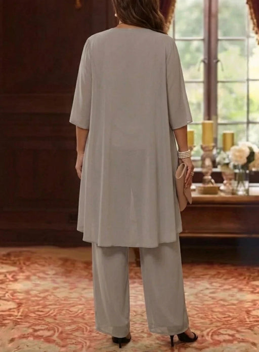 Back view of taupe chiffon waterfall jacket over wide-leg pantsuit
