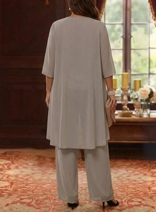 Back view of taupe chiffon waterfall jacket over wide-leg pantsuit