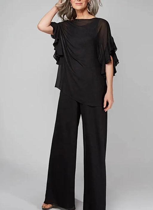 Mother of the bride chiffon pantsuit with ruffle cape top in black