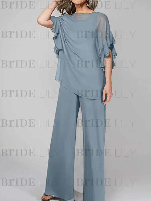 Dusty Blue mother of the bride chiffon pantsuit with ruffle cape top