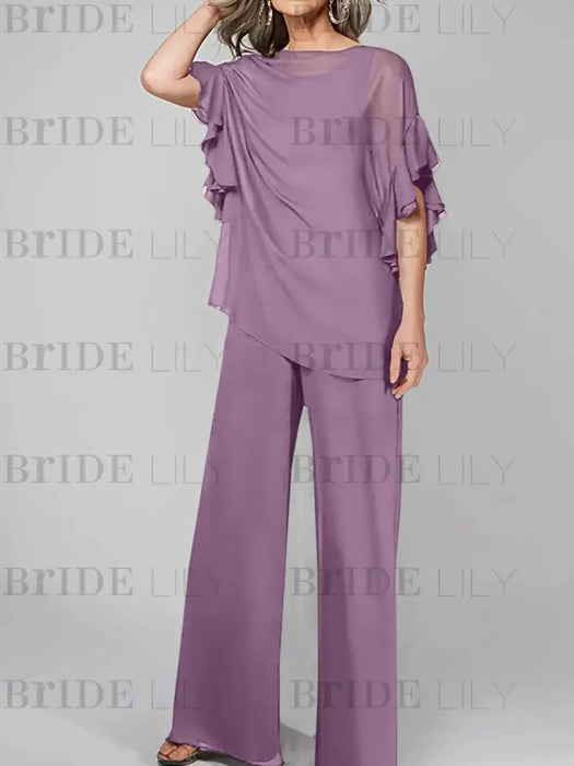 Dusty Purple mother of the bride chiffon pantsuit with ruffle cape top