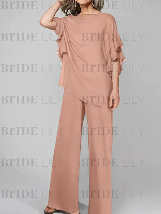 Dusty Rose mother of the bride chiffon pantsuit with ruffle cape top