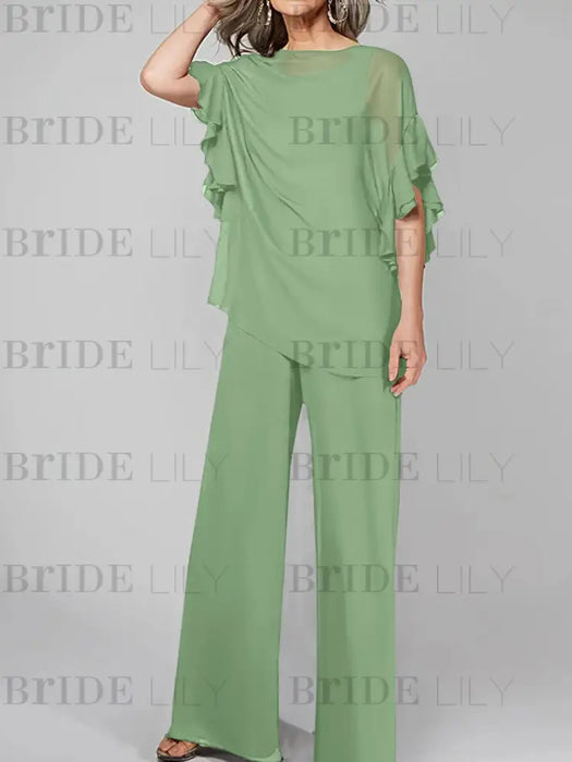 Dusty Sage mother of the bride chiffon pantsuit with ruffle cape top