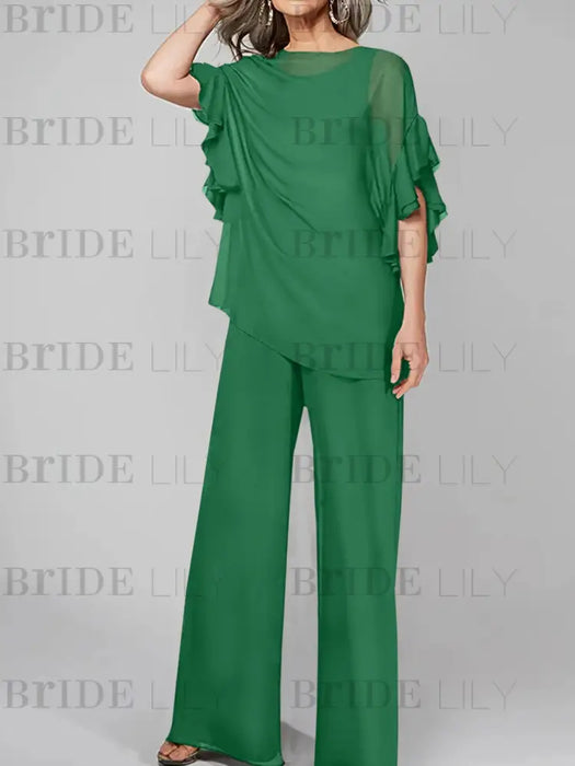 Emerald mother of the bride chiffon pantsuit with ruffle cape top