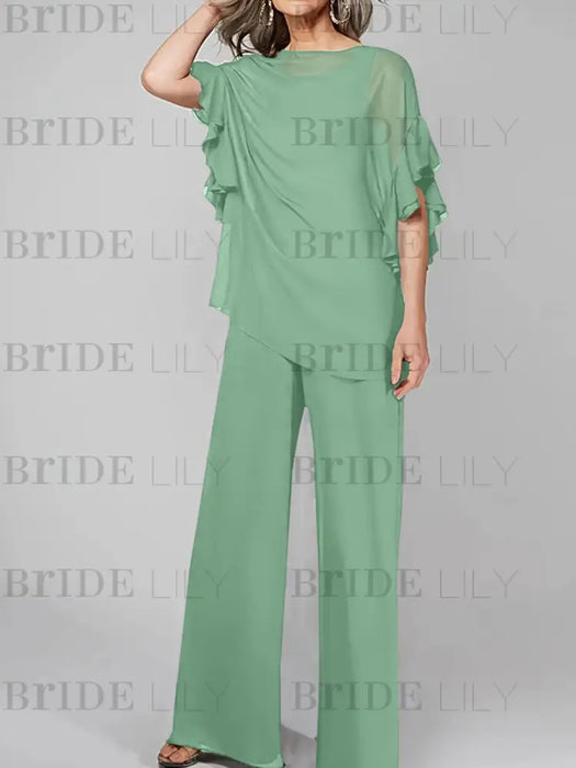 Eucalyptus mother of the bride chiffon pantsuit with ruffle cape top