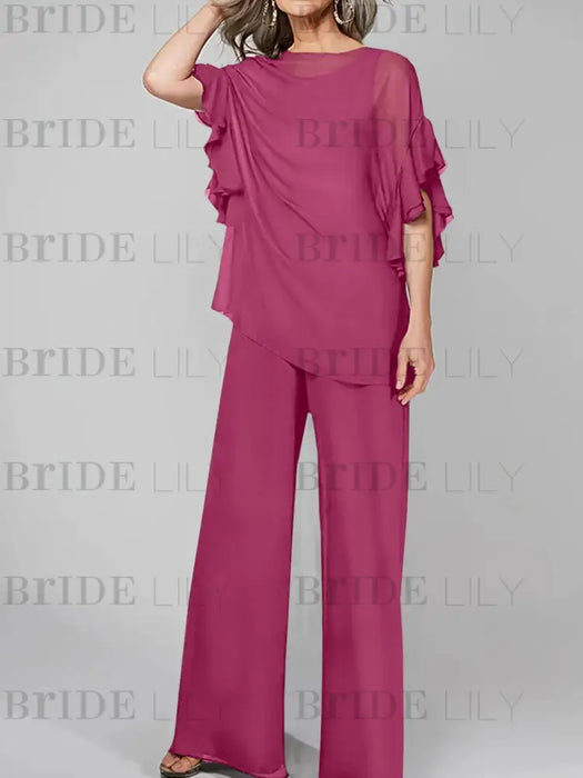 Fuchsia mother of the bride chiffon pantsuit with ruffle cape top