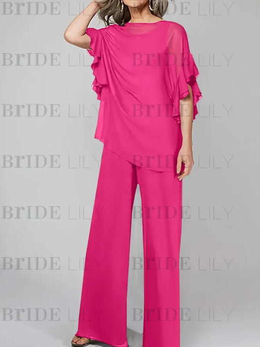 Fuchsia Pink mother of the bride chiffon pantsuit with ruffle cape top