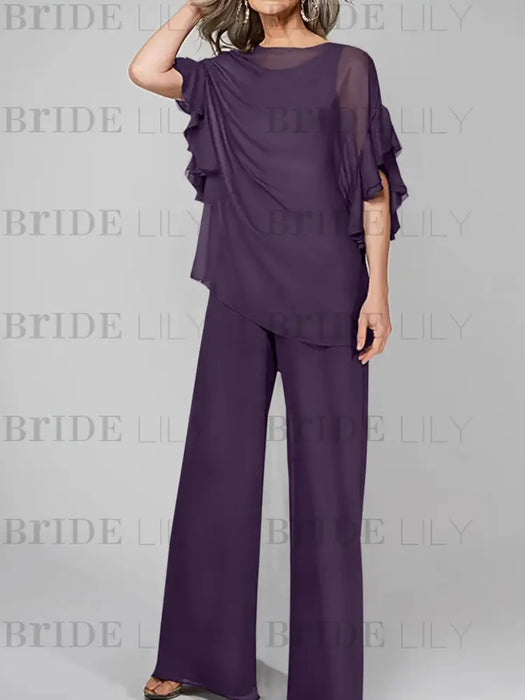 Grape mother of the bride chiffon pantsuit with ruffle cape top