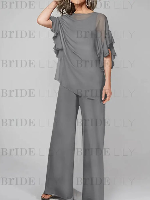 Gray mother of the bride chiffon pantsuit with ruffle cape top