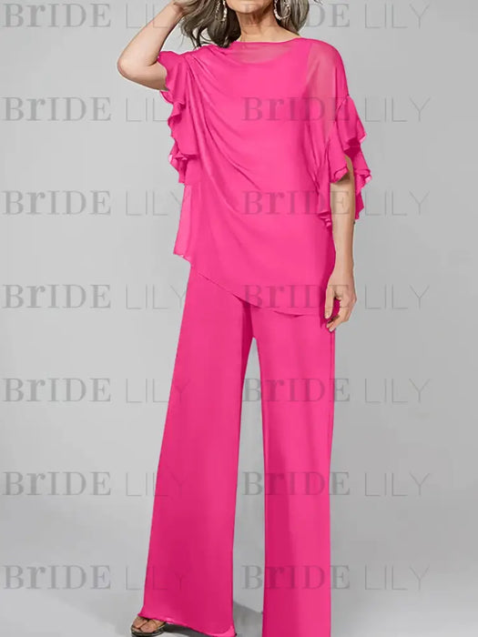Hot Pink mother of the bride chiffon pantsuit with ruffle cape top