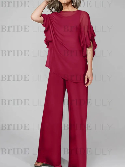Light Burgundy mother of the bride chiffon pantsuit with ruffle cape top