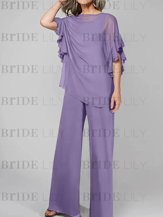 Light Purple mother of the bride chiffon pantsuit with ruffle cape top