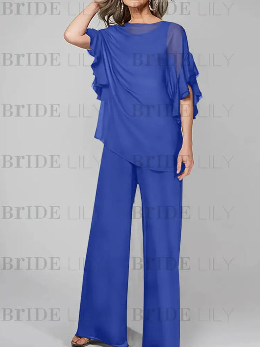 Light Royal Blue mother of the bride chiffon pantsuit with ruffle cape top