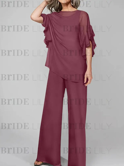 Mulberry mother of the bride chiffon pantsuit with ruffle cape top