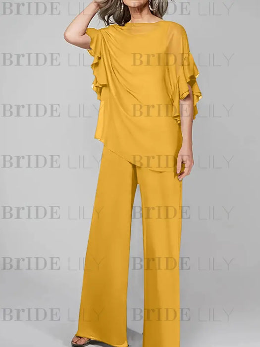Mustard Yellow mother of the bride chiffon pantsuit with ruffle cape top