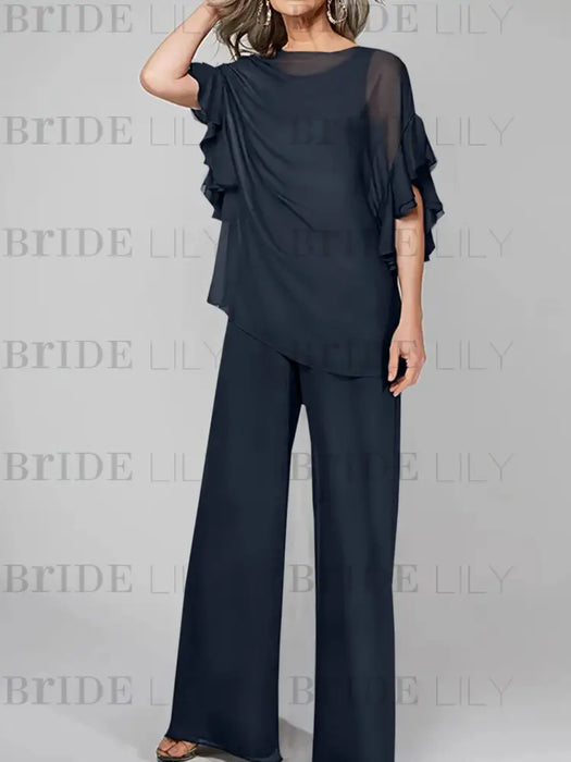 Navy Blue mother of the bride chiffon pantsuit with ruffle cape top