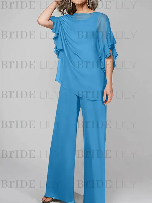 Ocean Blue mother of the bride chiffon pantsuit with ruffle cape top
