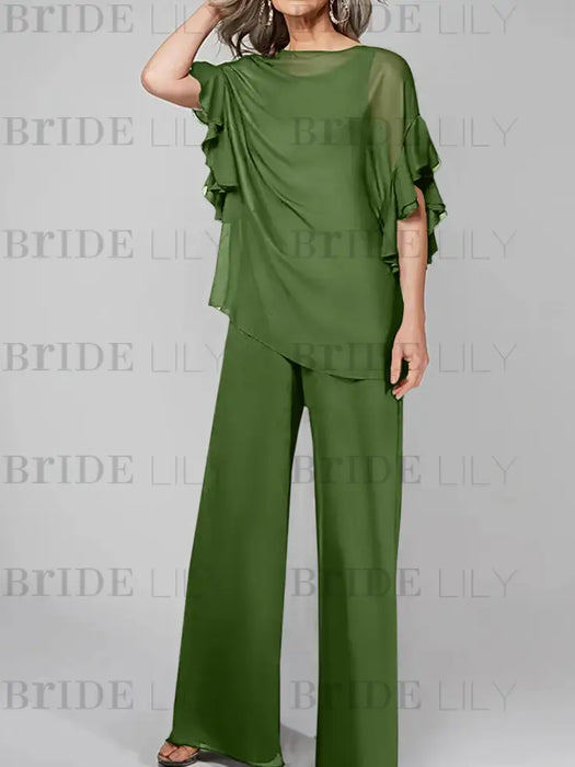 Olive Green mother of the bride chiffon pantsuit with ruffle cape top