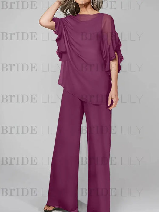 Orchid mother of the bride chiffon pantsuit with ruffle cape top