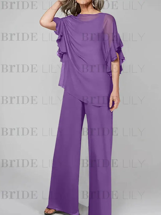 Purple mother of the bride chiffon pantsuit with ruffle cape top