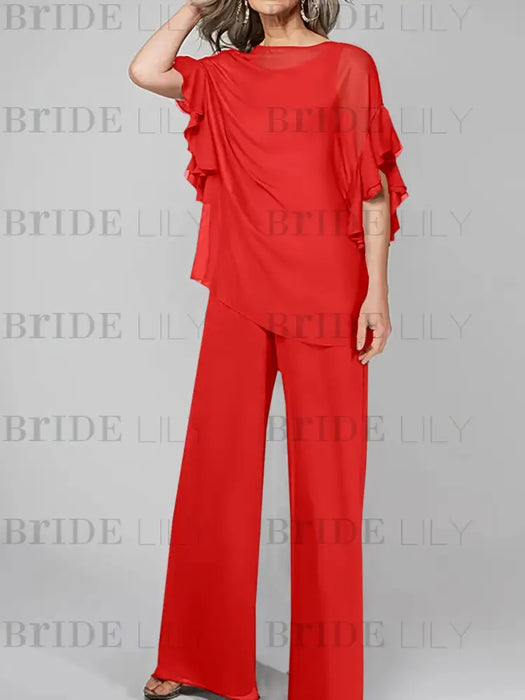 Red mother of the bride chiffon pantsuit with ruffle cape top