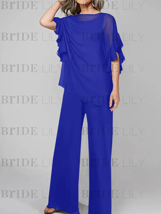 Royal Blue mother of the bride chiffon pantsuit with ruffle cape top