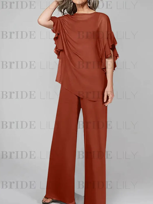 Rust mother of the bride chiffon pantsuit with ruffle cape top