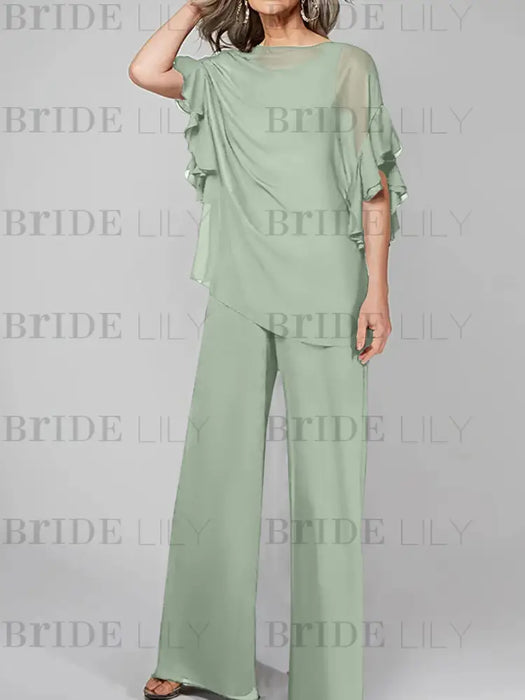 Sage mother of the bride chiffon pantsuit with ruffle cape top