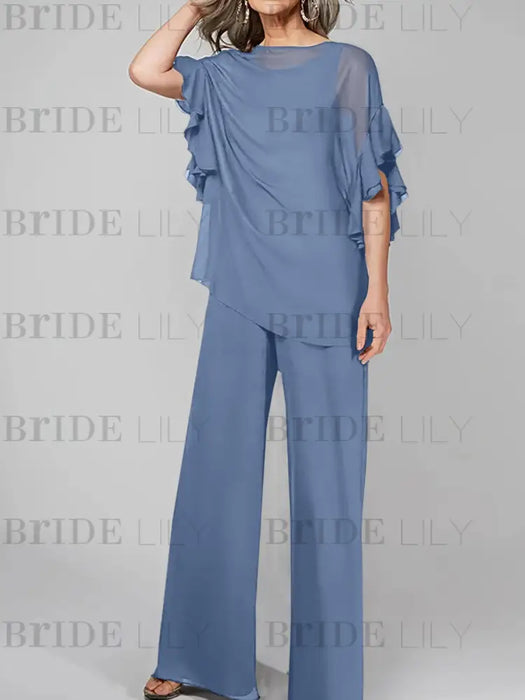 Steel Blue mother of the bride chiffon pantsuit with ruffle cape top