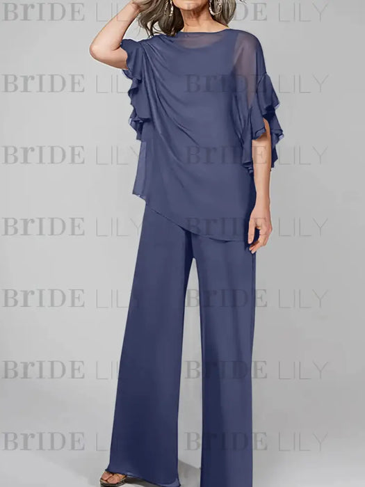 Stormy Blue mother of the bride chiffon pantsuit with ruffle cape top