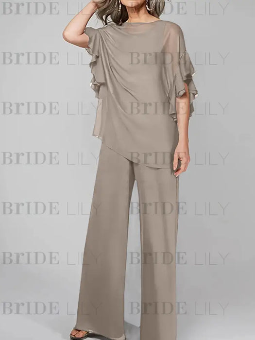 Taupe mother of the bride chiffon pantsuit with ruffle cape top