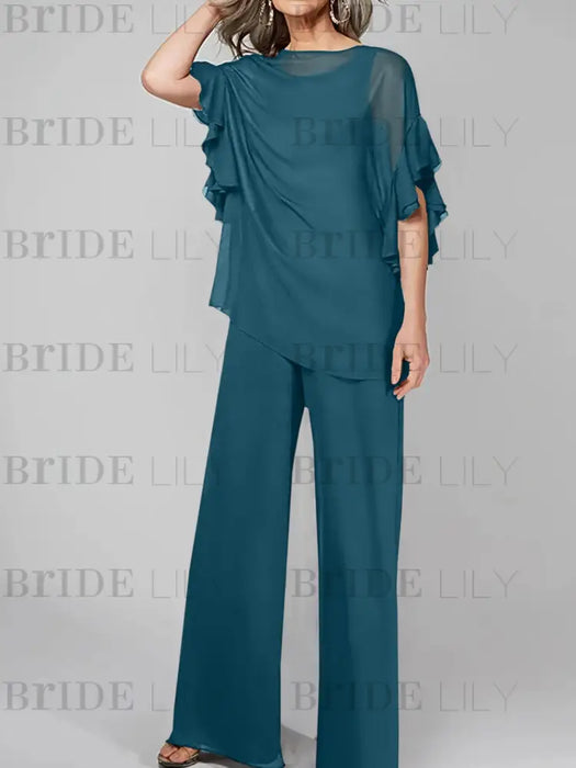 Teal mother of the bride chiffon pantsuit with ruffle cape top