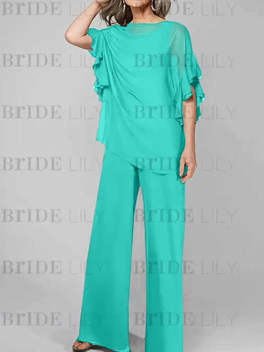 Turquoise mother of the bride chiffon pantsuit with ruffle cape top