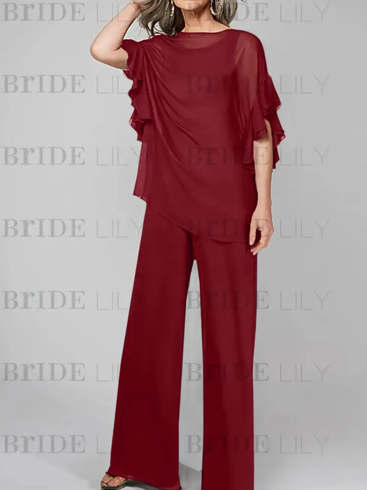 Wine Red mother of the bride chiffon pantsuit with ruffle cape top