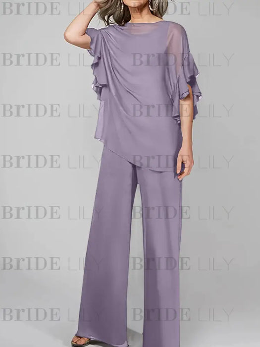 Wisteria mother of the bride chiffon pantsuit with ruffle cape top