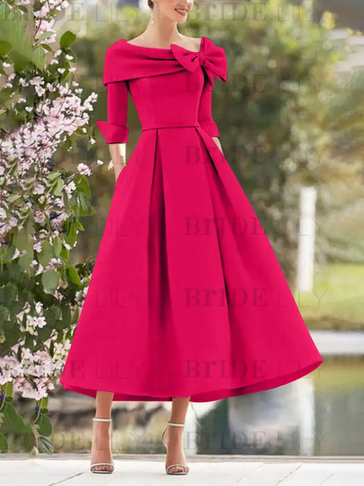 Fuchsia Pink mother of the bride dress with folded collar and bow detail