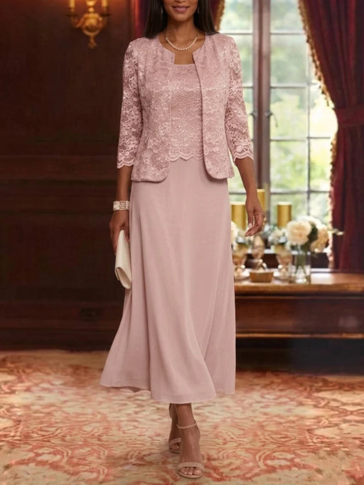 Mother of the bride dress with scalloped lace jacket in dusty rose