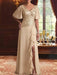 Mother of the bride gold lace gown with ruffle and split in champagne
