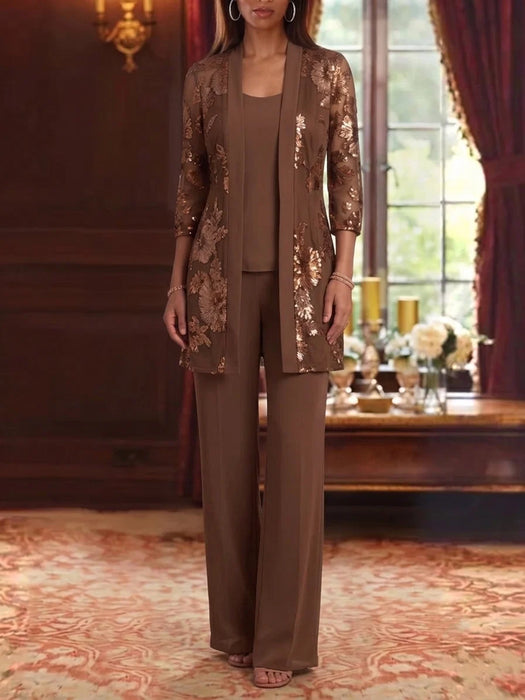 Mother of the bride pantsuit with sequin floral jacket in brown