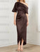 Chocolate mother of the bride satin dress with draped shoulder and knot