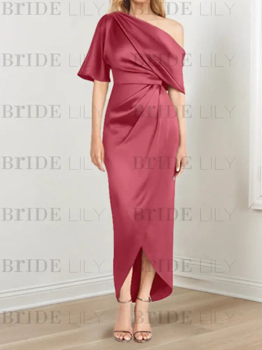 Cinnamon Rose mother of the bride satin dress with draped shoulder and knot