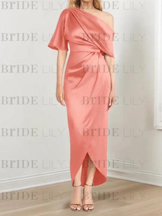Coral mother of the bride satin dress with draped shoulder and knot