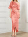 Coral mother of the bride satin dress with draped shoulder and knot