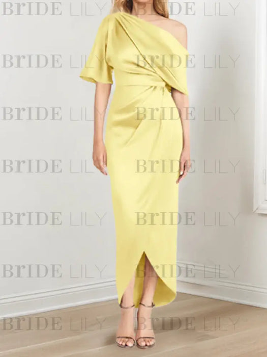Daffodil mother of the bride satin dress with draped shoulder and knot