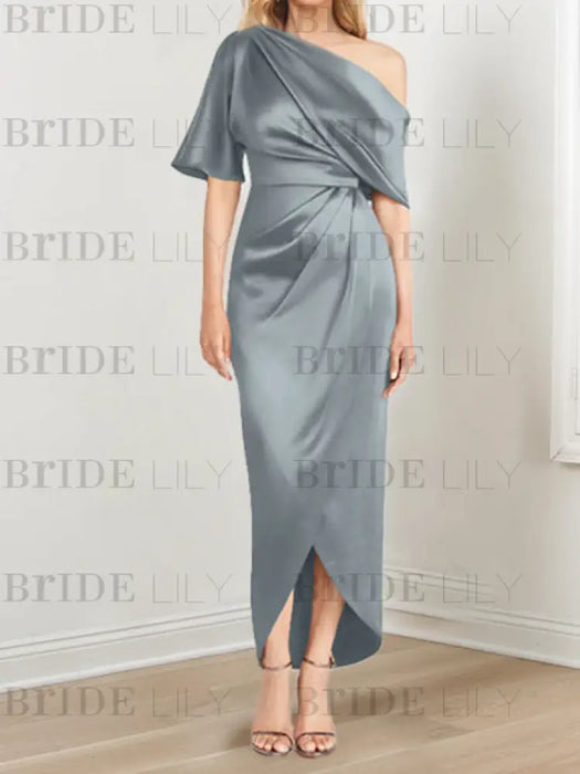 Dusty Blue mother of the bride satin dress with draped shoulder and knot