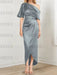 Dusty Blue mother of the bride satin dress with draped shoulder and knot