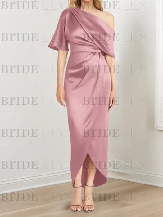 Dusty Rose mother of the bride satin dress with draped shoulder and knot