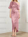 Dusty Rose mother of the bride satin dress with draped shoulder and knot